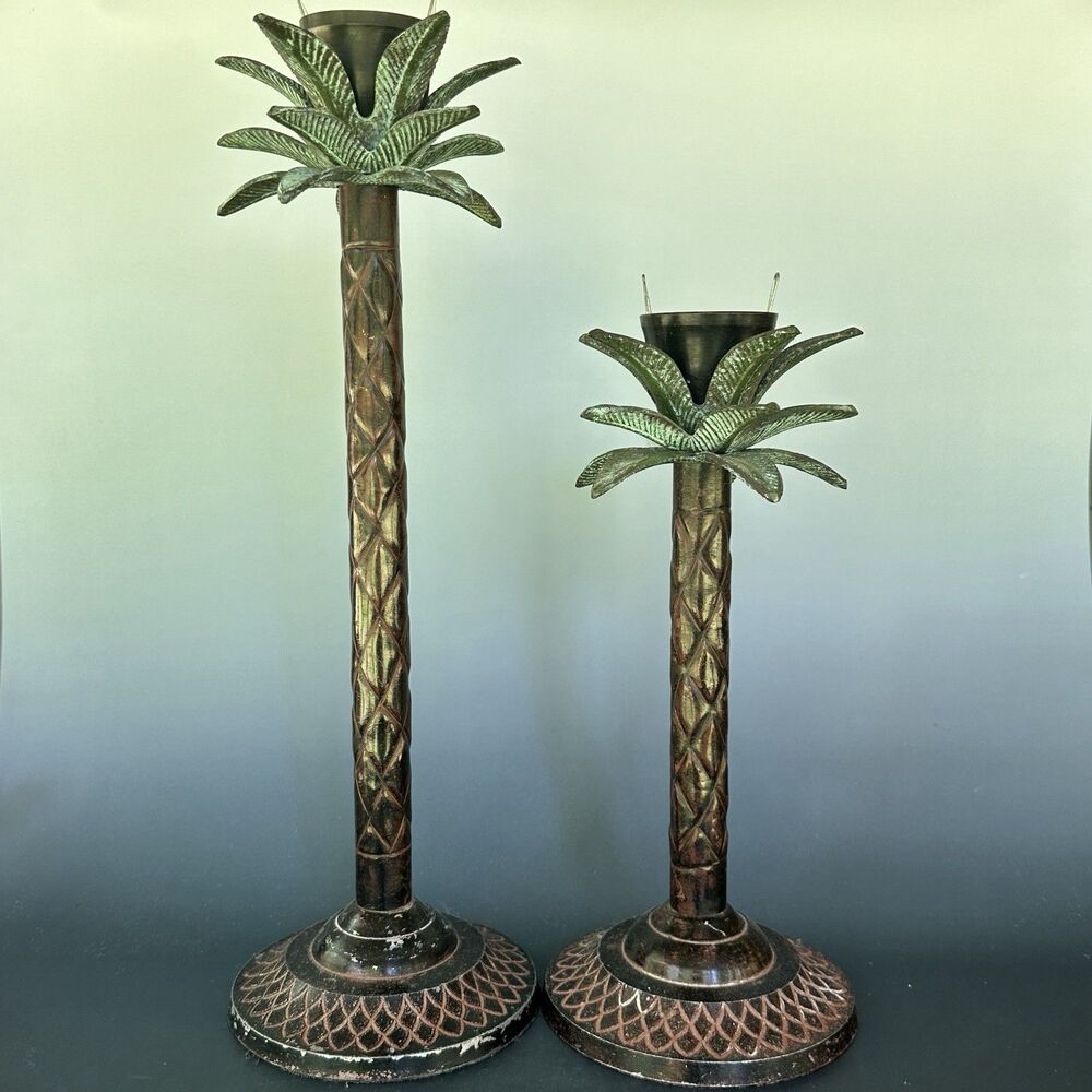 Vintage Palm Tree Candle Holders Hollywood Regency Safari Lodge Colonial Pair